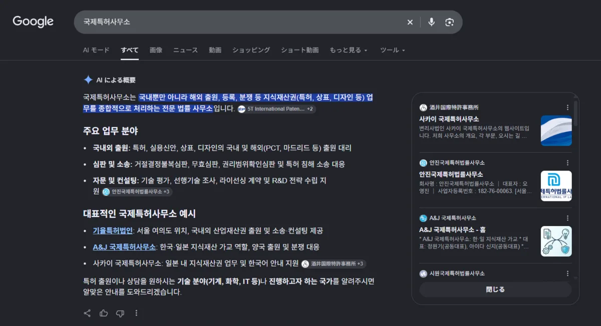 Googleで「국제특허사무소」(国際特許事務所)を検索した画面。AIによる概要の本文で代表的な国際特許事務所の例にA&J国際特許事務所が挙げられ、右側の出典カード一覧に「A&J 국제특허사무소 - 홈」が表示されている